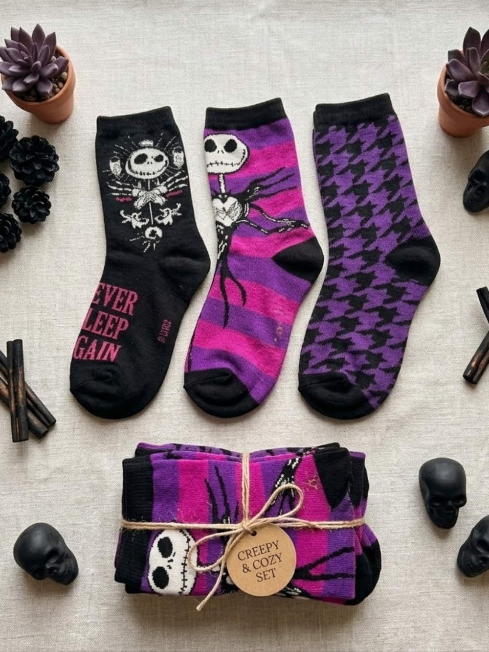 Creepy 3-Pair Skellington & Bat Houndstooth Socks in Purple & Black NWT